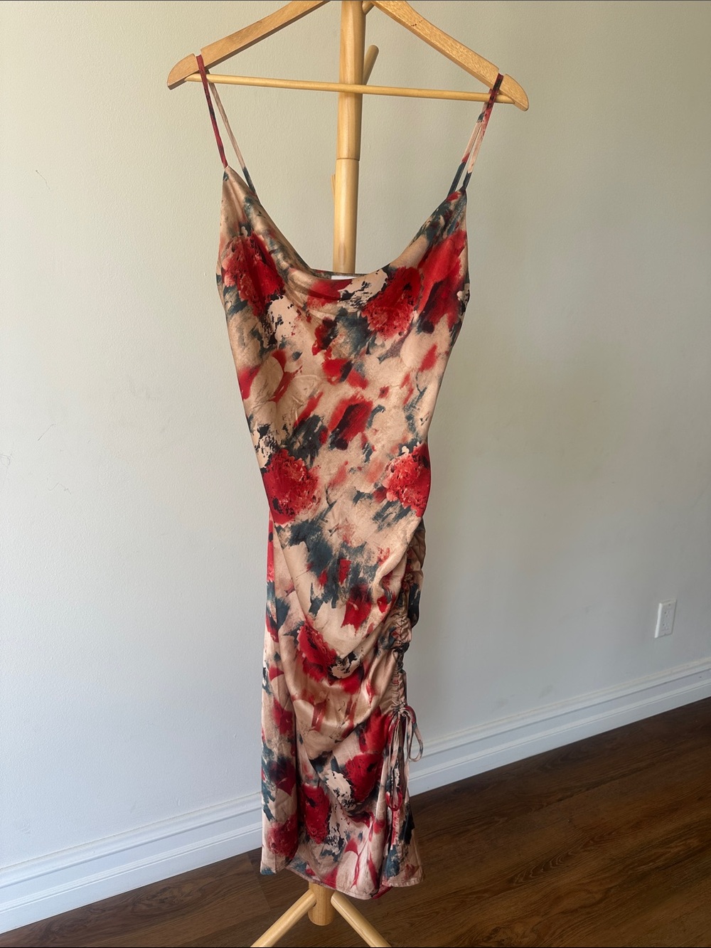 Red Floral Slip Dress with Abstract Black Accents